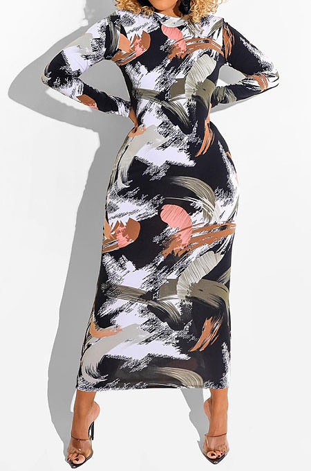 Black Red Printing Zipper Both Sides Wear Bodycon Long Dress WMZ2689-1