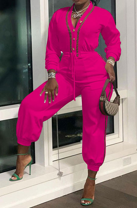 Rose Red Women's Fashion Casual Pure Color Pocket Buttons Drawsting Collect waist Bodycon Jumpsuits MR2130-4