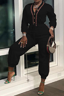 Black Women's Fashion Casual Pure Color Pocket Buttons Drawsting Collect waist Bodycon Jumpsuits MR2130-1