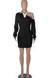 Red Autumn Trendy Oblique Shoulder Turn-Down Collar Long Sleeve Sexy Hip Mini Dress FMM2099-1