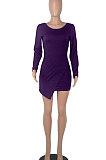 Army Green Round Collar Long Sleeve Irregular Solid Color Backless Tied Sexy Mini Dress FMM2103-3
