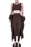 Chocolate Euramerican Solid Color Tanks Long Coat Velvet Tight Pants Three Pieces MDF5274-2