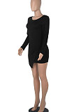 Purple Round Collar Long Sleeve Irregular Solid Color Backless Tied Sexy Mini Dress FMM2103-1