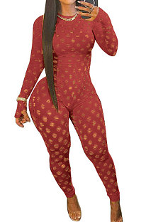 Red Eurameircan Sexy Long Sleeve Hollow Out High Waist Bodycon Jumpsuits FMM2053-3