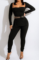 Black Fashion Ribber New Long Sleeve Square Neck Split  Tops Bodycon Pants Plain Suit ZS0433-2