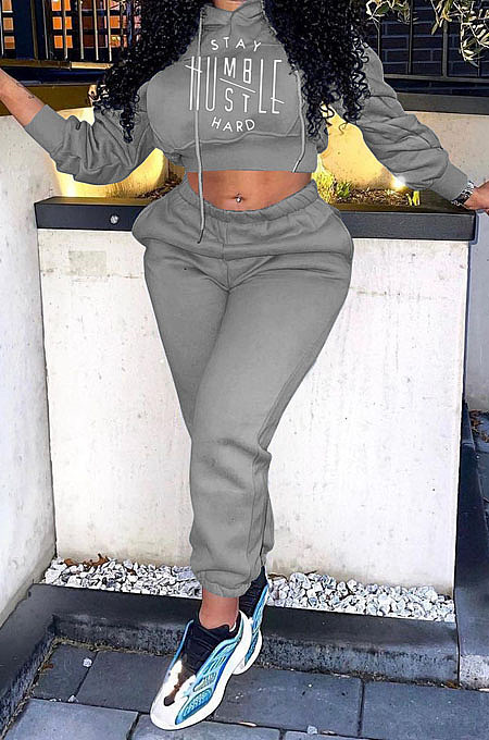 Grey Fashion Casual Letter Printed Crop Hoodie Jogger Pants Plain Suit YC8058-1