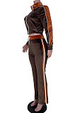 Coffee Euramerican Trendy Women's Turn-Down Collar Zipper Spliced Srop Flare Leg Pants Sets MDF5269