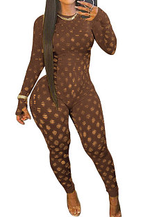 Coffee Eurameircan Sexy Long Sleeve Hollow Out High Waist Bodycon Jumpsuits FMM2053-6