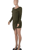 Purple Round Collar Long Sleeve Irregular Solid Color Backless Tied Sexy Mini Dress FMM2103-1