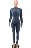 Khaki Euramerican Women's Sexy Both Sides Wear Zipper High Waist Velvet Bodycon Jumpsuits FMM1168-3