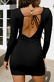 Purple Round Collar Long Sleeve Irregular Solid Color Backless Tied Sexy Mini Dress FMM2103-1