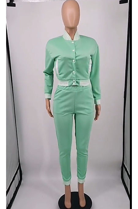 Green Casual Single-Breasted Long Sleeve Jacket Pencil Pants Baseball Uniform Sets YM224-2