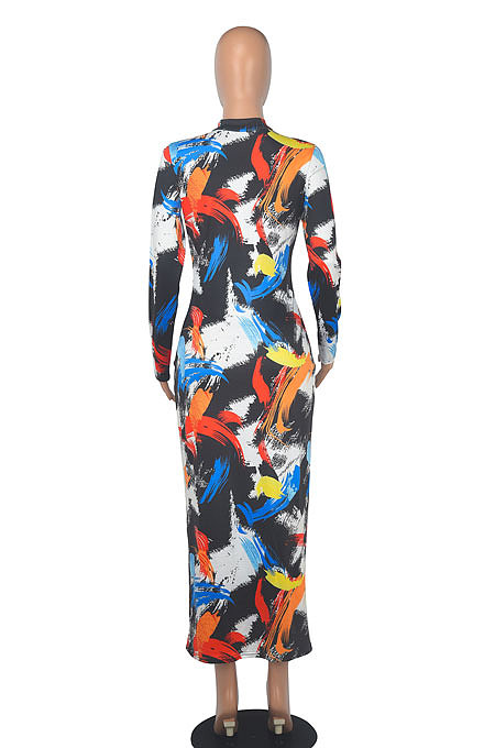 Black Red Printing Zipper Both Sides Wear Bodycon Long Dress WMZ2689-1