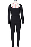 Yellow Fashion Ribber New Long Sleeve Square Neck Split  Tops Bodycon Pants Plain Suit ZS0433-1 
