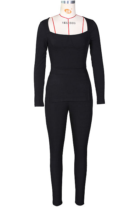 Yellow Fashion Ribber New Long Sleeve Square Neck Split  Tops Bodycon Pants Plain Suit ZS0433-1 