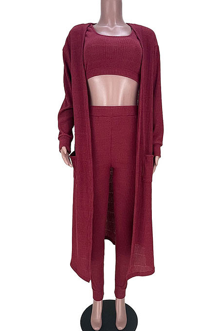 Chocolate Euramerican Solid Color Tanks Long Coat Velvet Tight Pants Three Pieces MDF5274-2