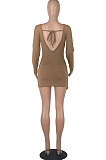 Purple Round Collar Long Sleeve Irregular Solid Color Backless Tied Sexy Mini Dress FMM2103-1