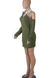 Red Autumn Trendy Oblique Shoulder Turn-Down Collar Long Sleeve Sexy Hip Mini Dress FMM2099-1