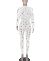 White Eurameircan Sexy Long Sleeve Hollow Out High Waist Bodycon Jumpsuits FMM2053-2