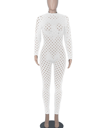 White Eurameircan Sexy Long Sleeve Hollow Out High Waist Bodycon Jumpsuits FMM2053-2