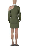 Red Autumn Trendy Oblique Shoulder Turn-Down Collar Long Sleeve Sexy Hip Mini Dress FMM2099-1