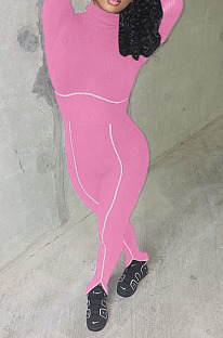 Pink Simple New High Collar Back Zipper Casual Bodycon Jumpsuits ZQ8128-3