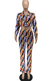 Mulitcolor Printed Fashion Long Sleeve Lapel Neck Back Bandage Cardigan Tops Trousers Suit ZQ8126