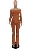 Apricot Fashion Ribber Off Shoulder Split Tops Flare Pants Slim Fitting Two-Piece ZDD31175-3