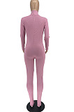 Peacock Blue Simple New High Collar Back Zipper Casual Bodycon Jumpsuits ZQ8128-1