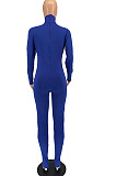 Peacock Blue Simple New High Collar Back Zipper Casual Bodycon Jumpsuits ZQ8128-1