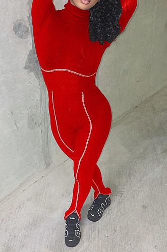 Red Simple New High Collar Back Zipper Casual Bodycon Jumpsuits ZQ8128-2