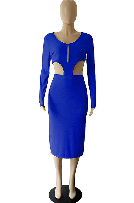 Orange Sexy Women's Knitting Ribber Long Sleeve Waist Hollow Out Zipper Split Dress WP6109-1
