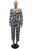 Black White Fashion Design Printed Long Sleeve Collect Waist Wide Leg Jumpsuits WP6110