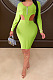 Neon Green Sexy Women's Knitting Ribber Long Sleeve Waist Hollow Out Zipper Split Dress WP6109-2