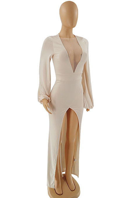 Black Sexy Elegant V Mesh Spliced Slim Fitting High Split For Party Maxi Dress WP6118-3