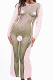 Pink Autumn Winter Fashion Human Body Printing Round Collar Long Sleeve Bodycon Long Dress DLS08255-1