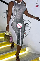 Green Women's Sexy Sleeveless Human Body Printing Round Collar Bodycon Long Dress DLS03436-2