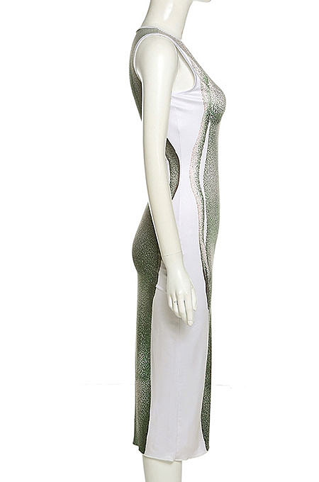 Green Women's Sexy Sleeveless Human Body Printing Round Collar Bodycon Long Dress DLS03436-2