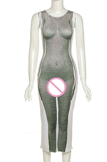 Green Women's Sexy Sleeveless Human Body Printing Round Collar Bodycon Long Dress DLS03436-2