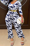 Black White Fashion Design Printed Long Sleeve Collect Waist Wide Leg Jumpsuits WP6110