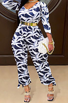 Black White Fashion Design Printed Long Sleeve Collect Waist Wide Leg Jumpsuits WP6110