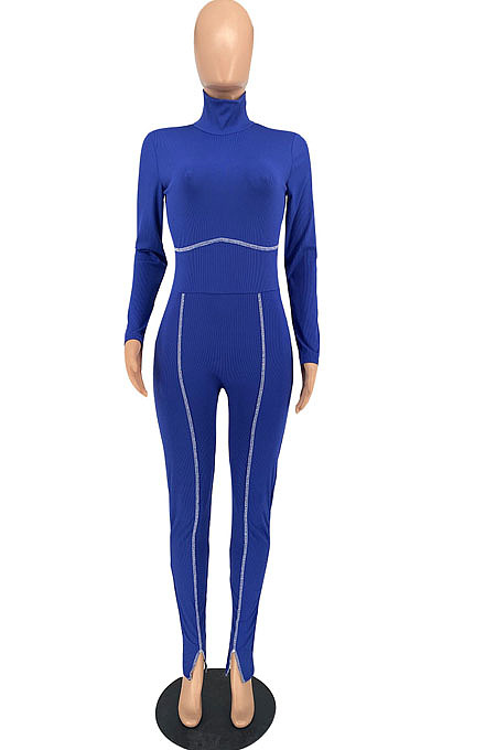 Peacock Blue Simple New High Collar Back Zipper Casual Bodycon Jumpsuits ZQ8128-1