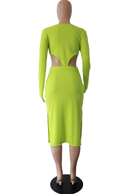 Orange Sexy Women's Knitting Ribber Long Sleeve Waist Hollow Out Zipper Split Dress WP6109-1
