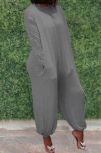 Grey Casual Pure Color Long Sleeve O Neck Back Zipper Jumpsuits ZDD31173-2