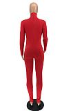 Peacock Blue Simple New High Collar Back Zipper Casual Bodycon Jumpsuits ZQ8128-1