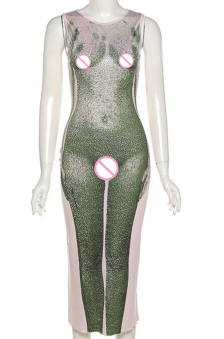 Green Women's Sexy Sleeveless Human Body Printing Round Collar Bodycon Long Dress DLS03436-2