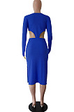 Blue Sexy Women's Knitting Ribber Long Sleeve Waist Hollow Out Zipper Split Dress WP6109-3
