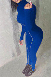 Peacock Blue Simple New High Collar Back Zipper Casual Bodycon Jumpsuits ZQ8128-1