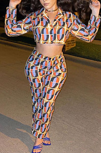 Mulitcolor Printed Fashion Long Sleeve Lapel Neck Back Bandage Cardigan Tops Trousers Suit ZQ8126