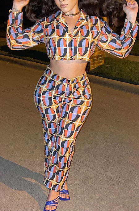 Mulitcolor Printed Fashion Long Sleeve Lapel Neck Back Bandage Cardigan Tops Trousers Suit ZQ8126